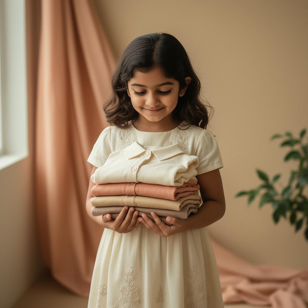 Young girl holding a stack of folded Modern Apperals kidswear