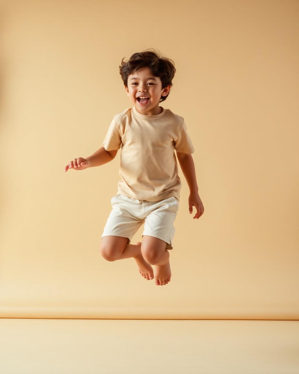Boy mid-jump in crimson tee